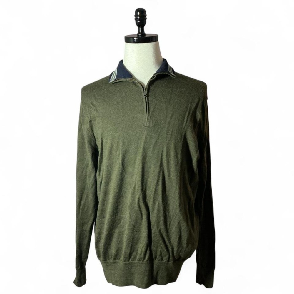 Brooks Brothers Mens Merino Wool‎ 1/4 Zip Sweater Preppy Green L Italian Yarn